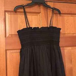 Tory Burch black cotton poplin, smocked top midi dress